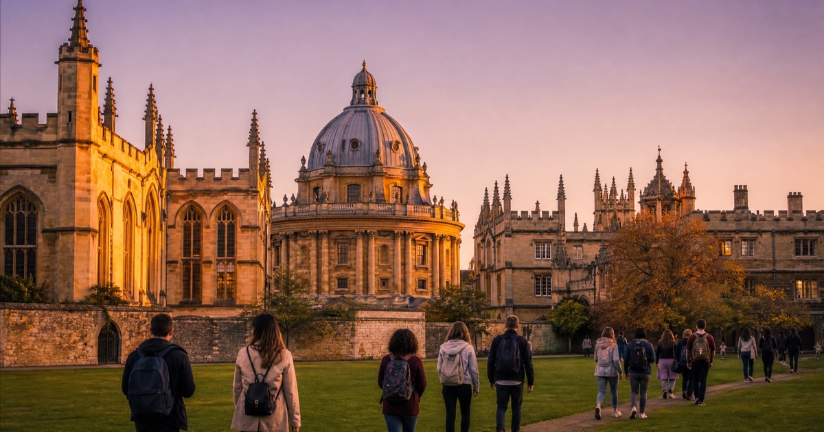 International students walking through a historic UK university campus at golden hour